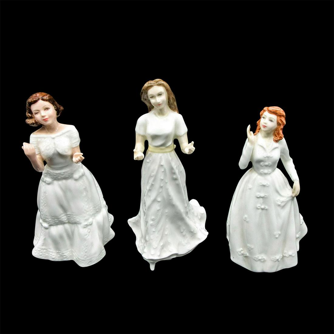 3pc Doulton Figurines, Joy, Welcome and Sentiments Greetings: Porcelain figurines modelled as three ladies in white evening gowns. Royal Doulton backstamp. Joy HN3875, 5.25"H. Welcome HN3764, 5.75"H. Sentiments Greetings HN4250, 6"H. #RoyalDoulton Issued: 20th c