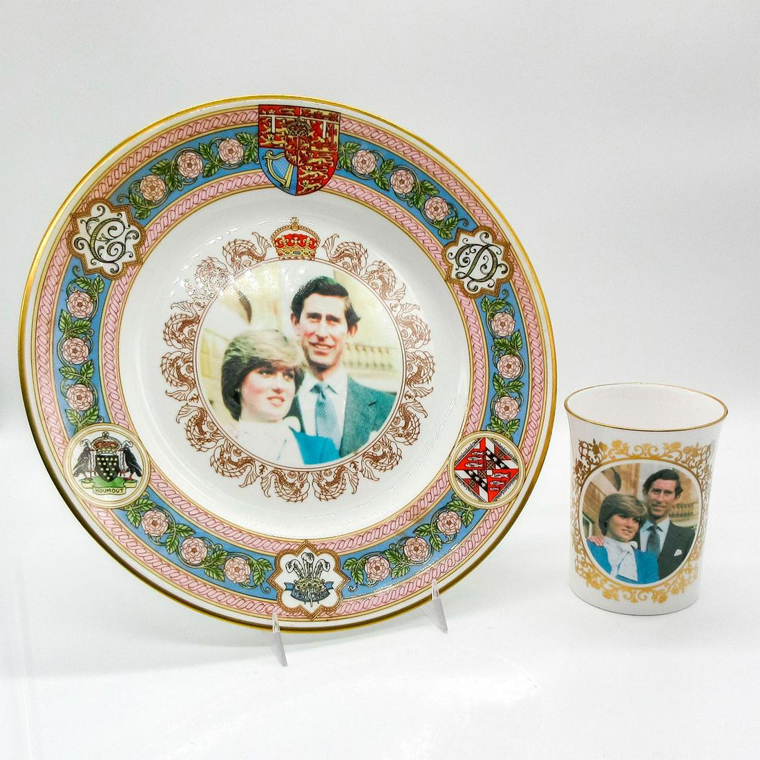 2pc Caverswall Beaker & Marriage Plate, Diana & Charles: Cup honors engagement while Plate honors marriage. Couple pictured together on both pieces. Limited Edition Plate is #1,232 of 5,000. Largest (plate) measures 10.75"D. Caverswall England backstamp on 