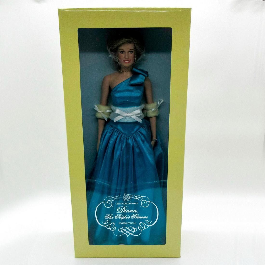 Franklin Mint Portrait Doll, Diana The People's Princess: Featuring the Princess in a lovely turquoise colored dress. New in box. This item has its original box. Dimensions of box: 18.25"L x 4.25"W x 18.25"H. Dimensions: 15.5" H Manufacturer: Franklin Mint C