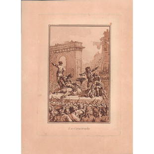 Antique 1700s Etching, La Catastrophe: Etching of a the French Revolution. This item has no reserve. Showing dramatic execution. Artist: Jean Baptiste Le Prince Issued: 1700s. Dimensions: 7" W x 9.5" H Country of Origin: France