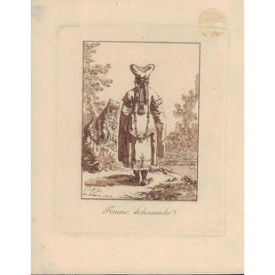 Antique Le Prince 1768 Etching, Femme Schouvache: Etching of Women in classical dress in a meadow. This item has no reserve. Artist: Jean Baptiste Le Prince Issued: 1760s Dimensions: 5.5" W x 6.5" H Country of Origin: France