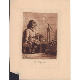 Antique Le Prince 1768 Etching, Le Paysan: Etching of a peasant man after evening out. This item has no reserve. Small tear on corner, framed image good. Artist: Jean Baptiste Le Prince Issued: 1760s Dimensions: 5.5" W x 6.5" H Country of Orig