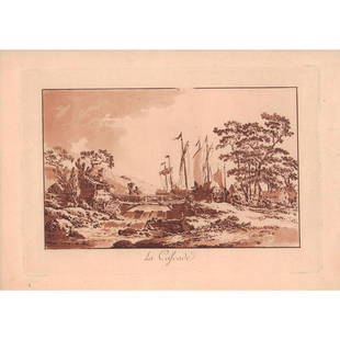 Antique Le Prince 1771 Etching, La Cafcade: Etching of a the Serpentine river. This item has no reserve. Showing busy scene of commerce in the old world. Artist: Jean Baptiste Le Prince Issued: 1760s Dimensions: 12.5" W x 9" H Country of Origin