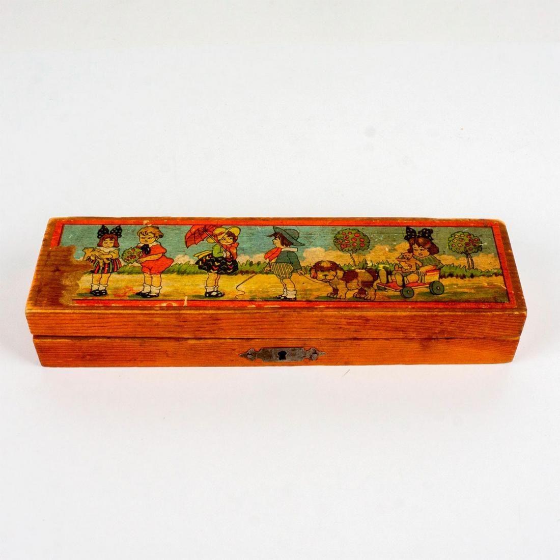 Vintage German Pencil Box with Children and Dog Scene (1 of 2)
