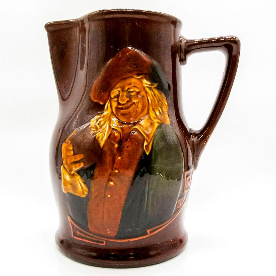 Royal Doulton Kingsware Jug, Hogarth: Deep, rich brown glaze; relief of a man in 18th century dress with jug in hand. Royal Doulton backstamp. "Though other's purses be more fat, why should we pine or grieve for that. Hang sorrow, care wi
