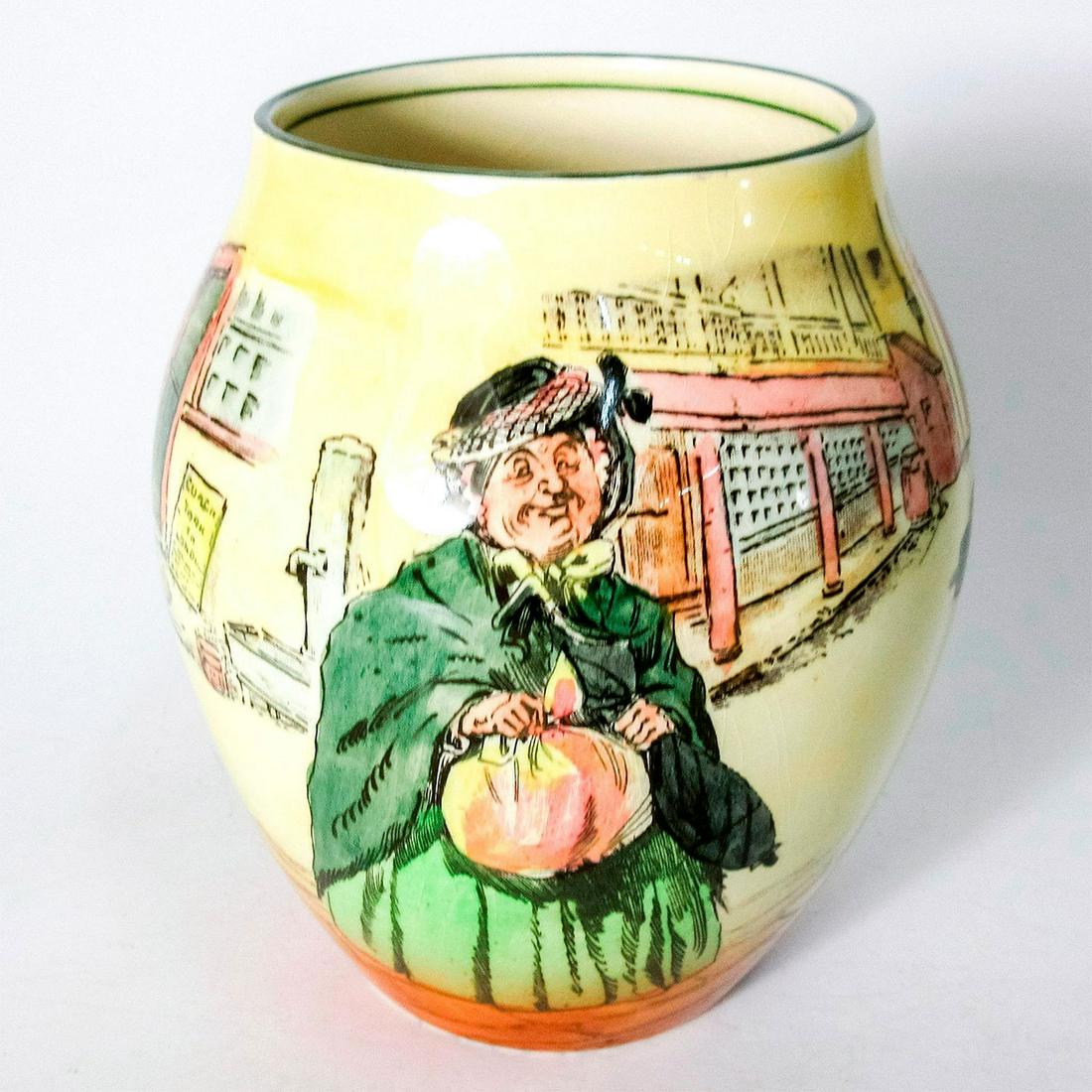 Sairey Gamp Vase, D5175 - Royal Doulton: Dickens ware round vase of a character from Charles Dicken's novel 'Martin Chuzzlewit". Royal Doulton and Royal Doulton Dickens ware backstamp. #RoyalDoulton #CharlesDickens #SaireyGamp Issued: 20th c