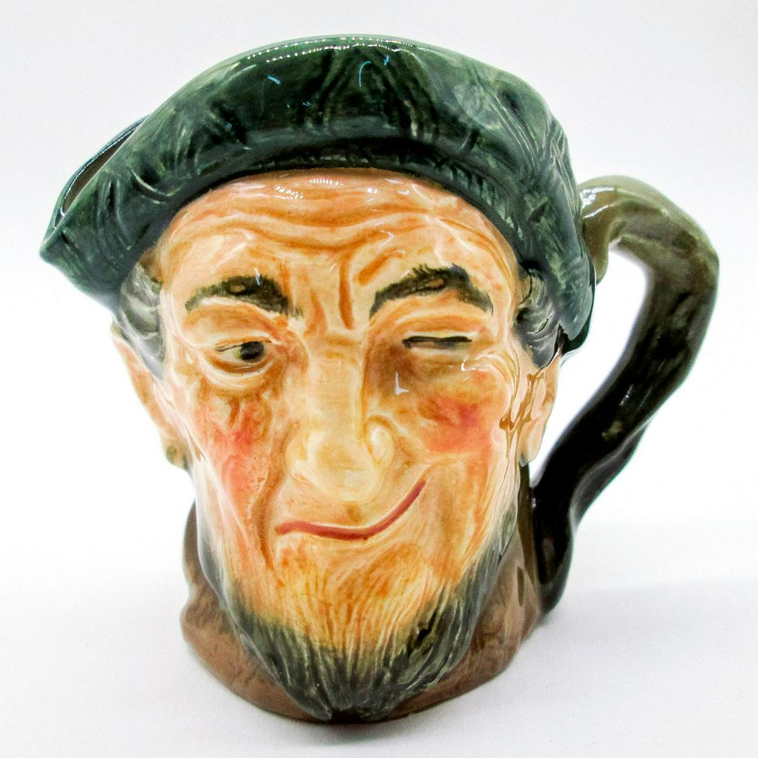 Auld Mac D5824 - Royal Doulton Character Jug: Green tam; brown coat. A song by Sir Harry Lauder, a 20th-century singer and comedian, called "Bang Went Sixpence." inspired this piece. In it a Scotsman named Mac found the prices too high in London