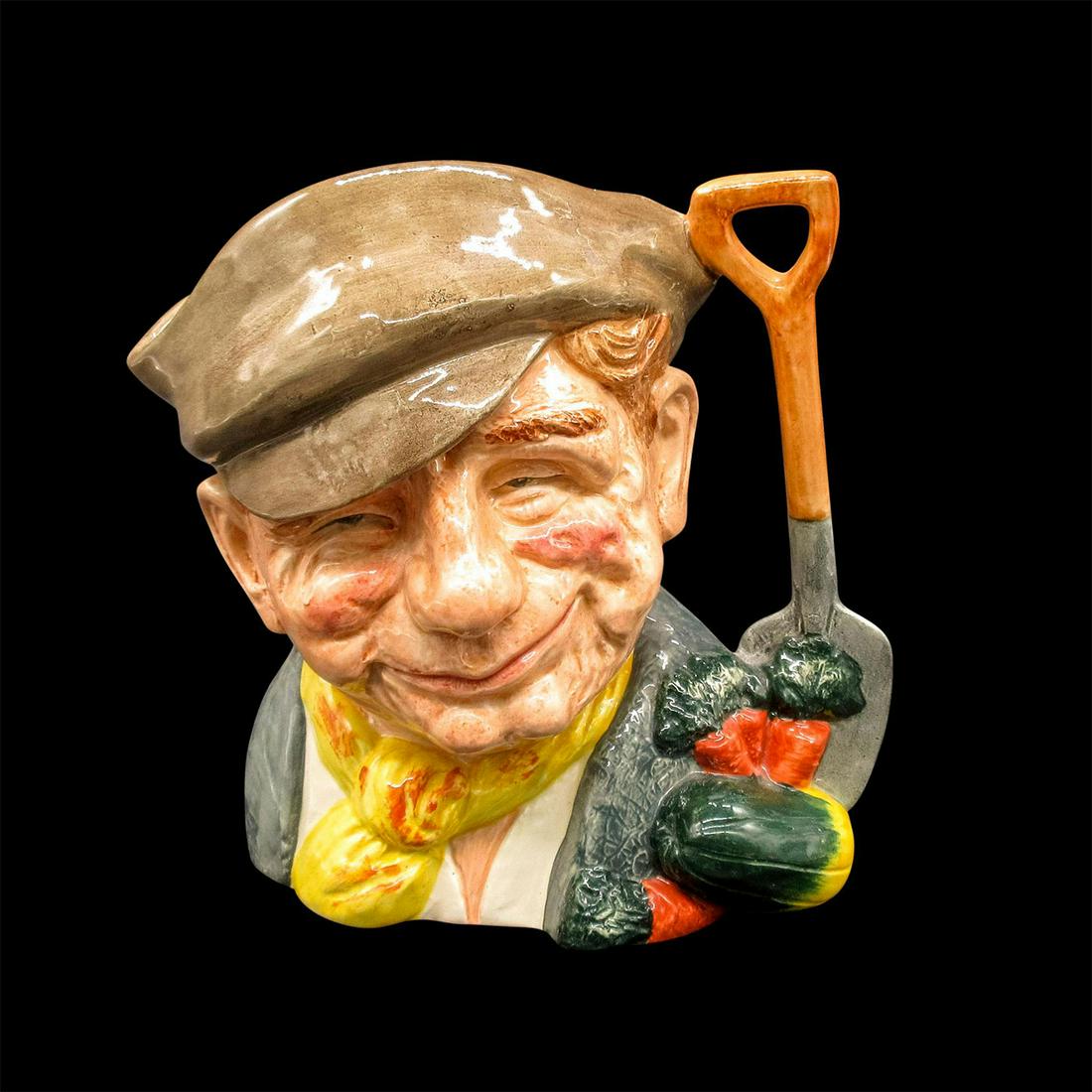 Gardener D6630 - Large - Royal Doulton Character Jug: Yellow scarf; white shirt; light brown hat. Royal Doulton backstamp. Professions series. Good condition. Artist: David B. Biggs Issued: 1973 - 1981 Dimensions: 7.75"H Manufacturer: Royal Doulton Count