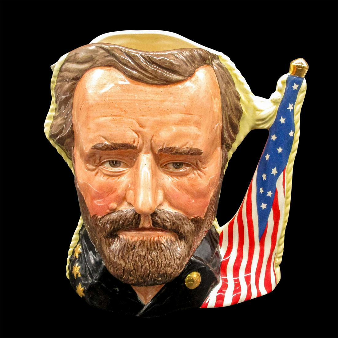 Ulysses Grant / Robert E. Lee D6698 - Large - Royal Doulton Character Jug: Limited edition of 9,500; two-faced mug; black, grey, brown, and red coloration. Royal Doulton backstamp. The Antagonists' Collection. Good condition. Artist: Michael Abberley Issued: 1982 Dimensions:
