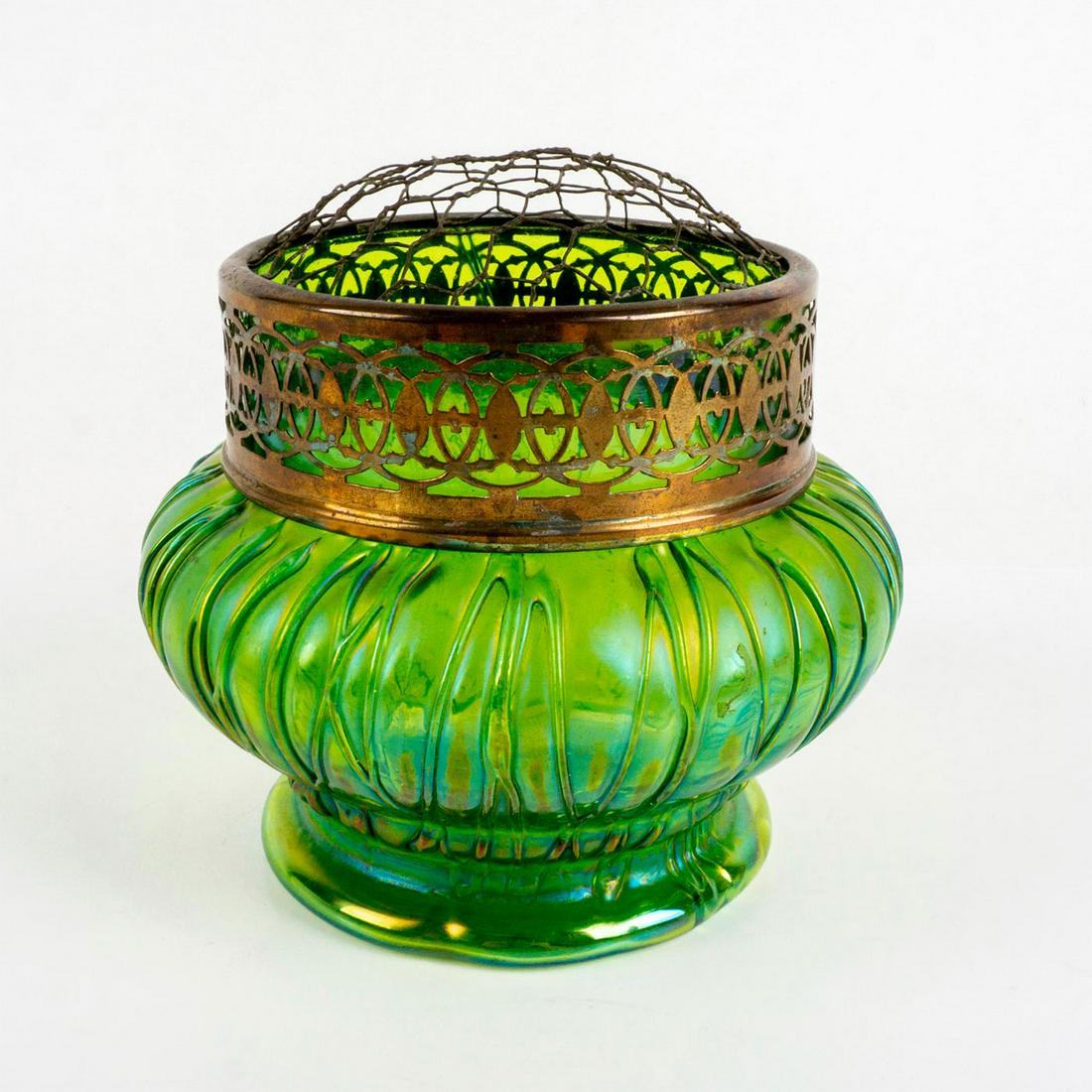 Antique Loetz Glass Art Nouveau Emerald Vase: Emerald-green iridescent vase with metal flower frog. Unsigned. Dimensions: 5.75" H x 6" dia. Manufacturer: Loetz Country of Origin: Austria