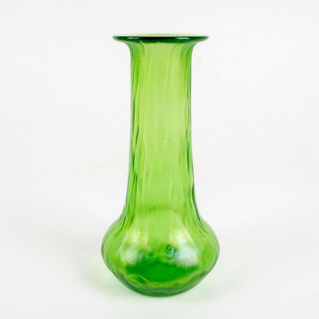 Antique Loetz Glass Art Nouveau Emerald Vase: Emerald-green iridescent vase with a ripple design. Unsigned. Dimensions: 7.5" H x 4" dia. Manufacturer: Loetz Country of Origin: Austria