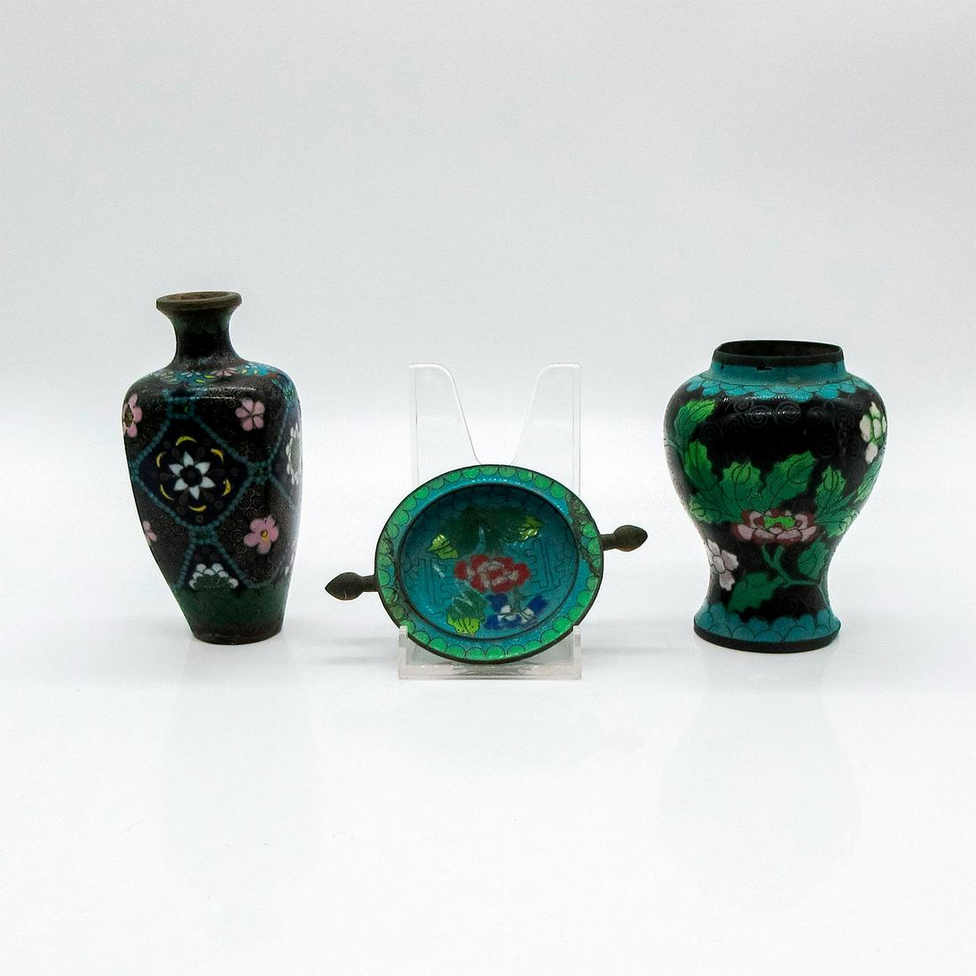 3pc Antique Chinese Cloisonne Miniature Tray & Vases (1 of 2)