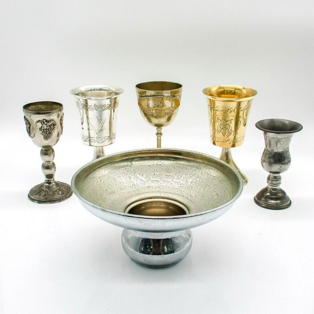 6pc Metal Judaica Kiddush Cups and Bowl (1 of 6)