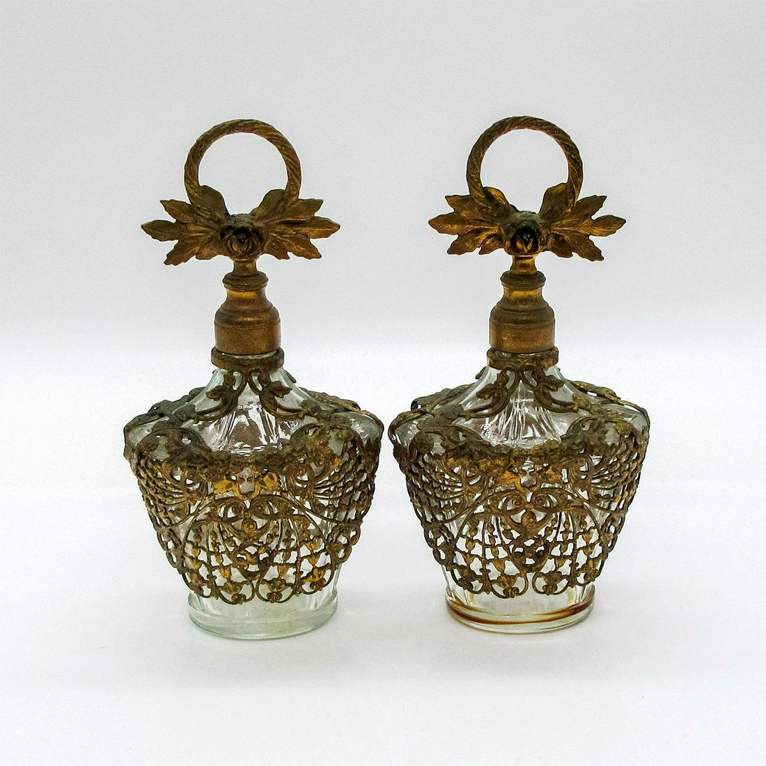 2pc French Antique Large Filigree Brass Perfume Bottles with Stoppers (1 of 3)