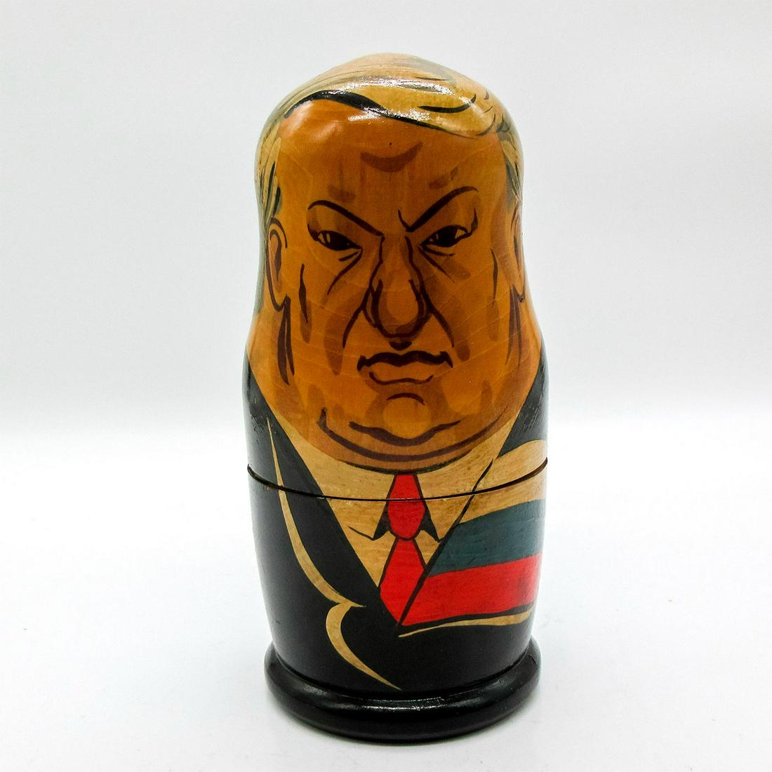 Vintage Matryoshka Nesting Dolls Set, Russian Leaders: Featuring wooden dolls of decreasing size placed one inside another, representing artist version of one of five former Russian leaders. Dolls modeled after: Yeltsin, Gorbachev, Brezhnev, Stalin, Lenin