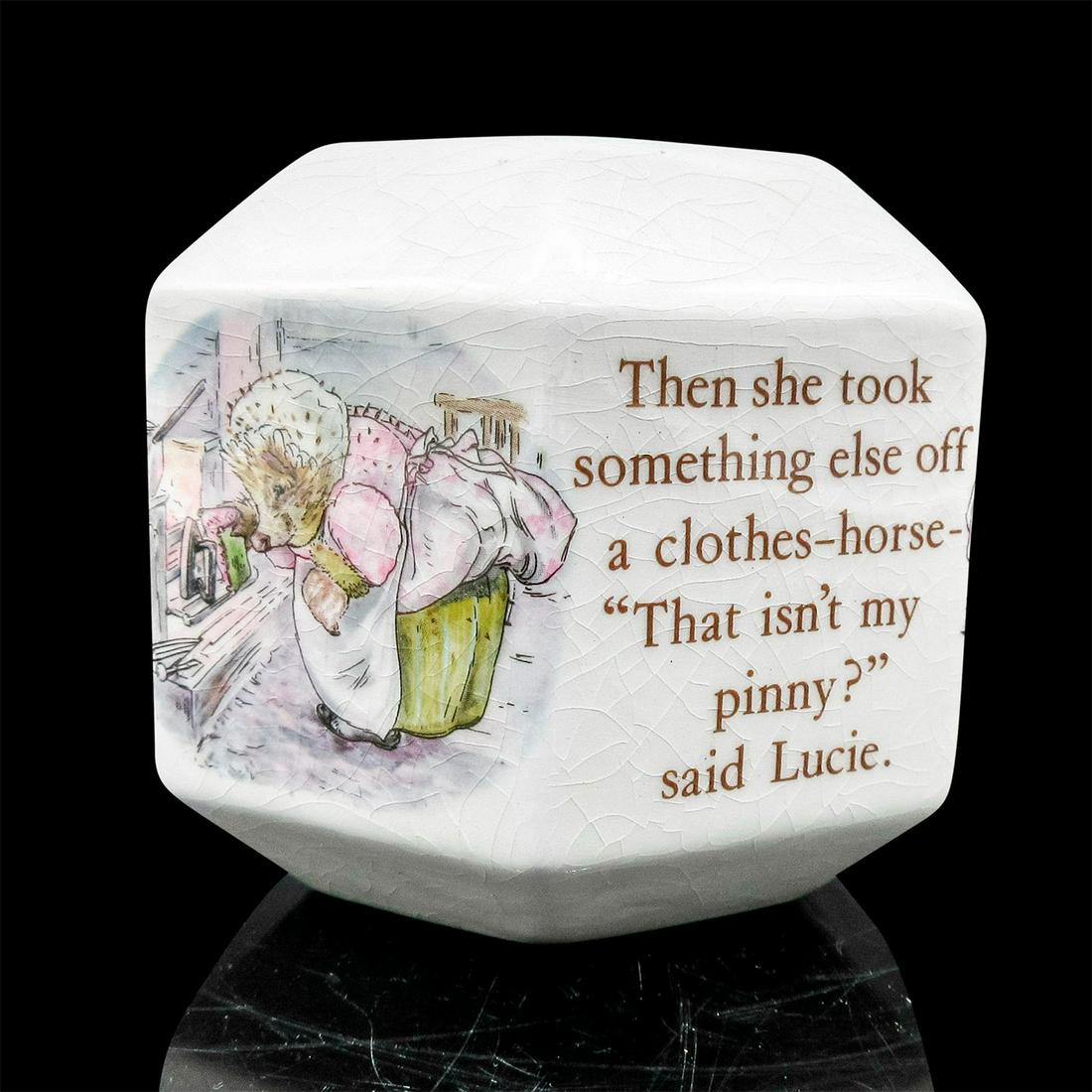 Mrs. Tiggy-Winkle Wedgwood Hexagon Porcelain Money Bank: Mrs. Tiggy-Winkle images with text. Wedgwood of Etruria & Barlaston backstamp. Fredrick Wame and Co backstamp 1997. Issued: 1997 Dimensions: 3"H Country of Origin: England