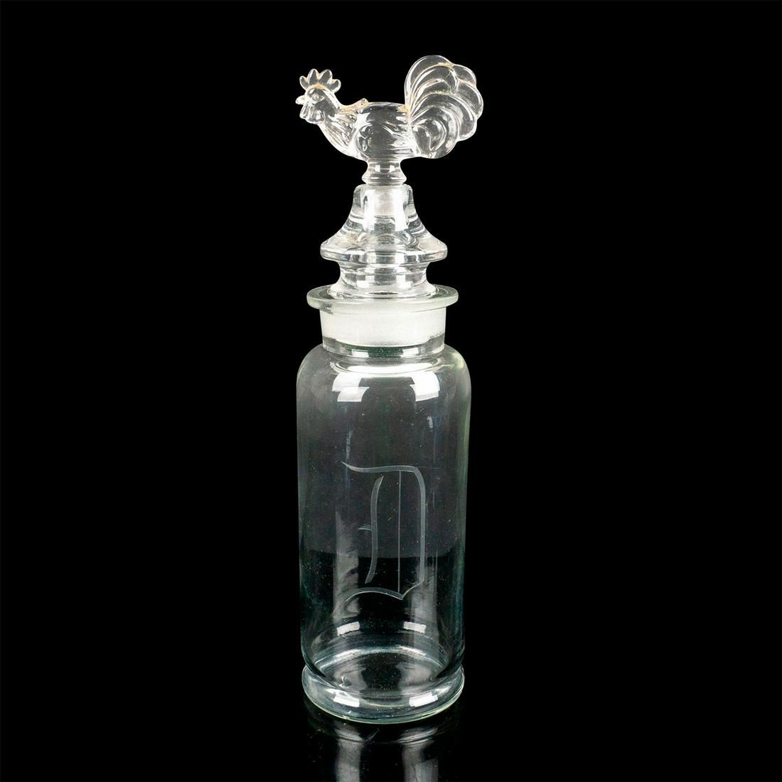 Vintage Glass Chicken Design Cocktail Shaker Decanter: 3-in-1 piece including shaker, strainer, and stopper. The letter "D" is etched into front of piece. This item has no reserve. Dimensions: 12.5"H