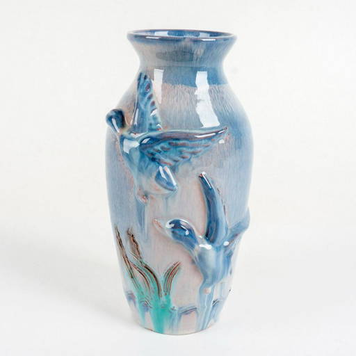 Vintage Dissing Keramic Pottery Art, Glazed Blue Bird Vase (0114) on