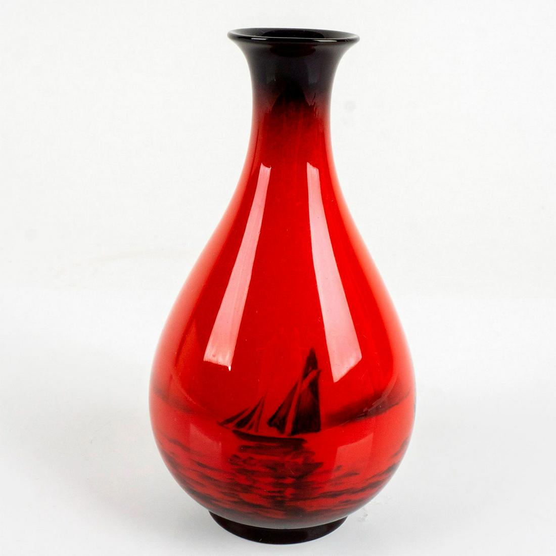 Vintage Noritake Bone China Red & Back Sailboat Bud Vase: Rich scarlet shade piece featuring water scene with boats. Noritake backstamp. Dimensions: 7"H Manufacturer: Noritake Country of Origin: Japan