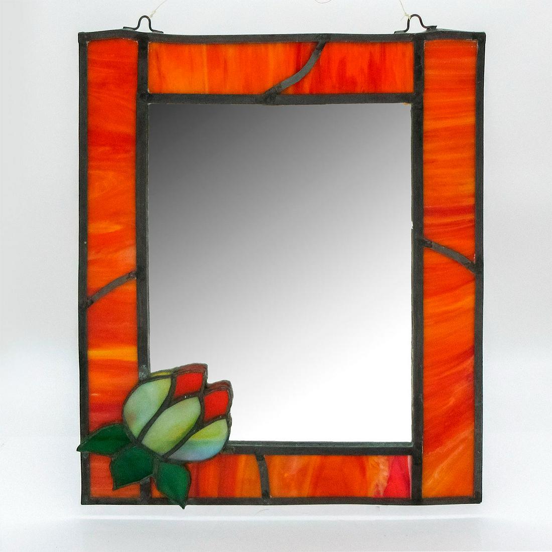 Vintage Mirror With Floral Stained Glass Frame: In bright orange and red colors. Dimensions: 14.25"H