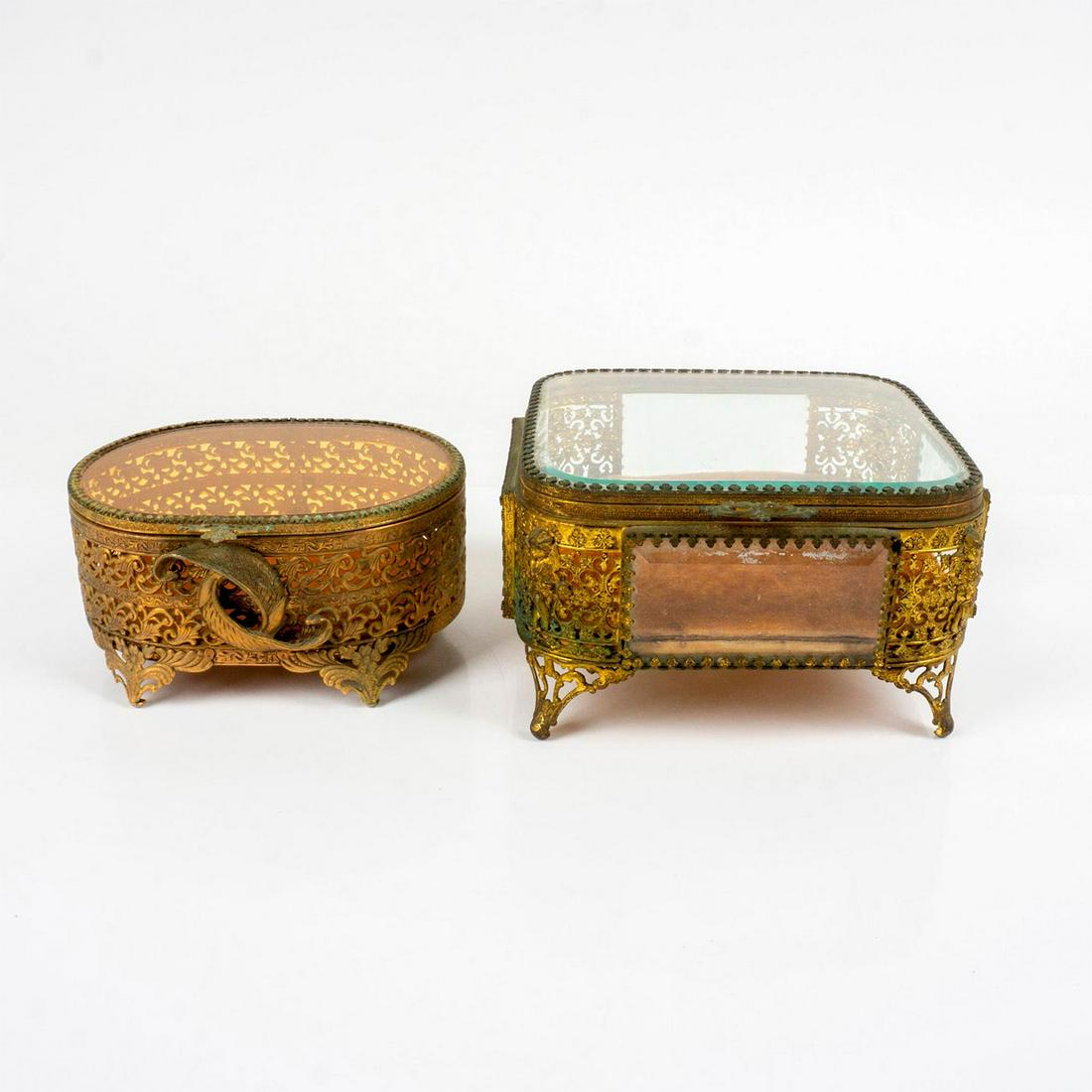 2pc Antique French Ormolu Gold Gilt Filigree Vanity Boxes (1 of 3)