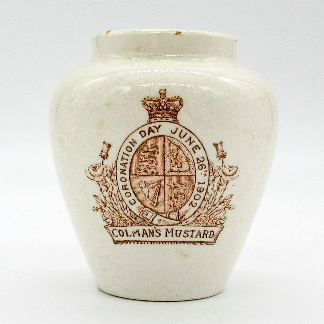 Vintage Mintons Ltd Colman's Mustard Pot, Coronation Day: Miniature advertisement ware for Colman's mustard. Commemorating the coronation of Edward VII. Cream colored base glaze with brown coat of arms design. Mintons Ltd. backstamp. Dimensions: 3"H Manufact