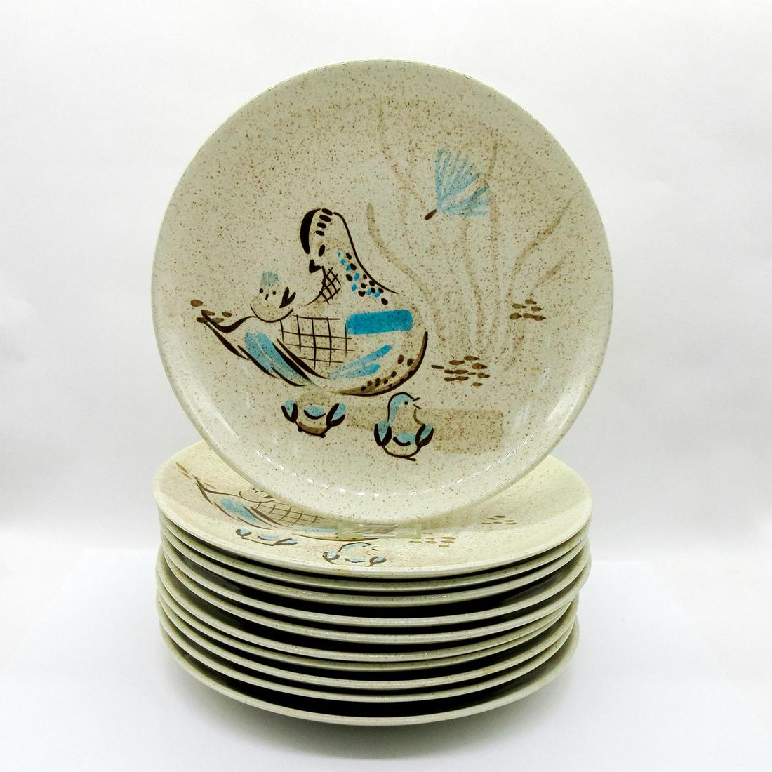 11pc Red Wing Pottery Dinner Plates, Bob White Quail (1 of 2)