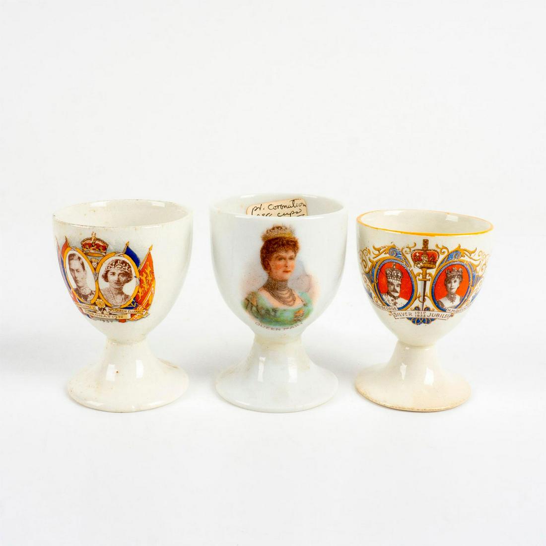 3pc Vintage Egg Cups, Coronation and Silver Jubilee: King George and Queen Mary & King George and Queen Elizabeth. Years include: 1910, 1935, and 1937. Dimensions: 2.75"H