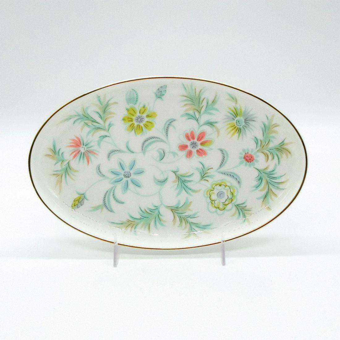 Vintage Milton Vanessa Oval Relish Dish With Floral Pattern: Pretty pastel colored flowers and gold around perimeter rim. Vanessa Minton Bone China Made In England stamped to bottom of piece. Includes original box. Dimensions of box: 6"L x 8.5"W x 1.25"H. Dimen