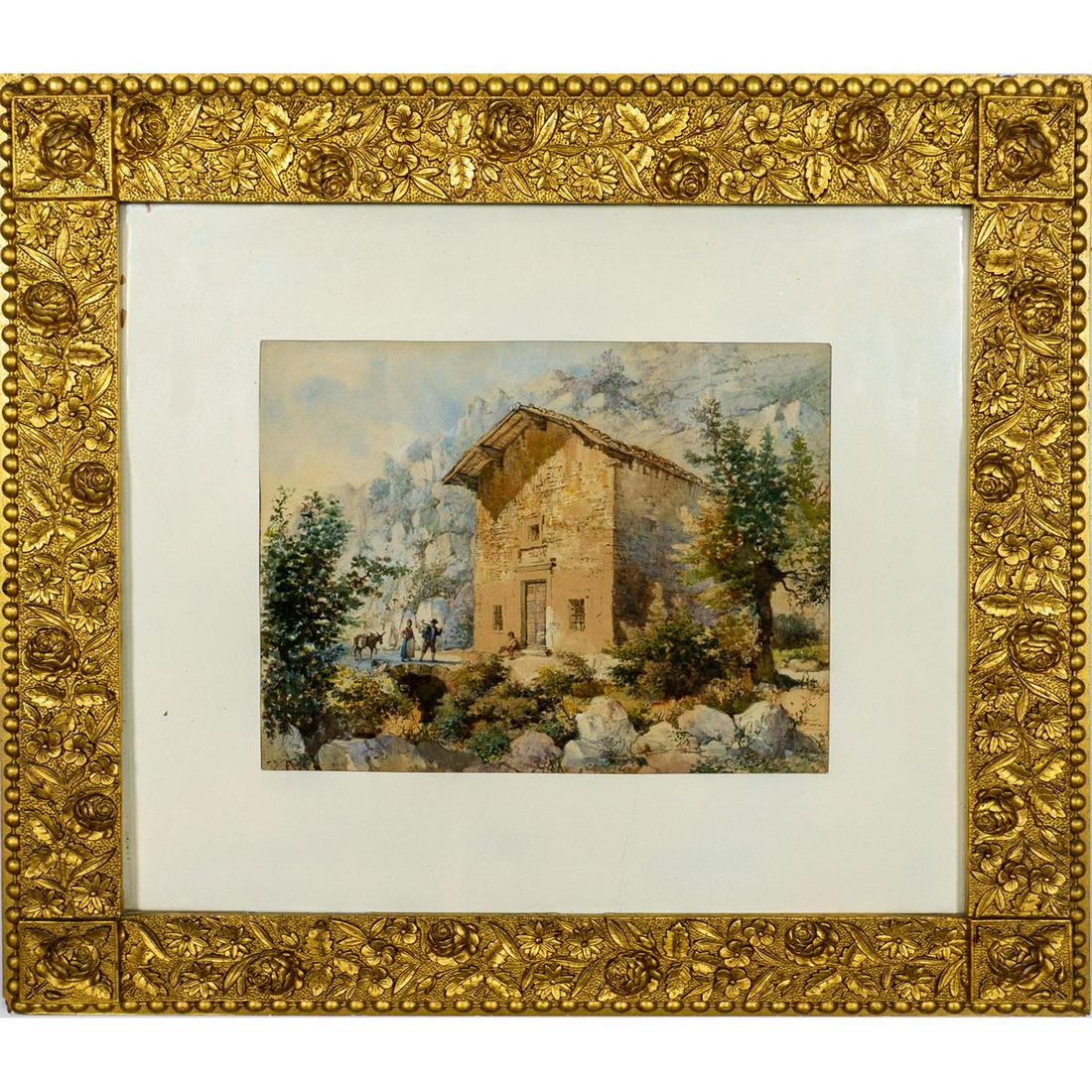 Vintage Signed Watercolor Painting on Paper, Cottage: Landscape with a house in mountains. Signed illegibly lower right. Sight size: 11.5"W x 9.25"H. Frame size: 12.25"W x 20.25"H x 1.5"D. #Watercolor #Painting