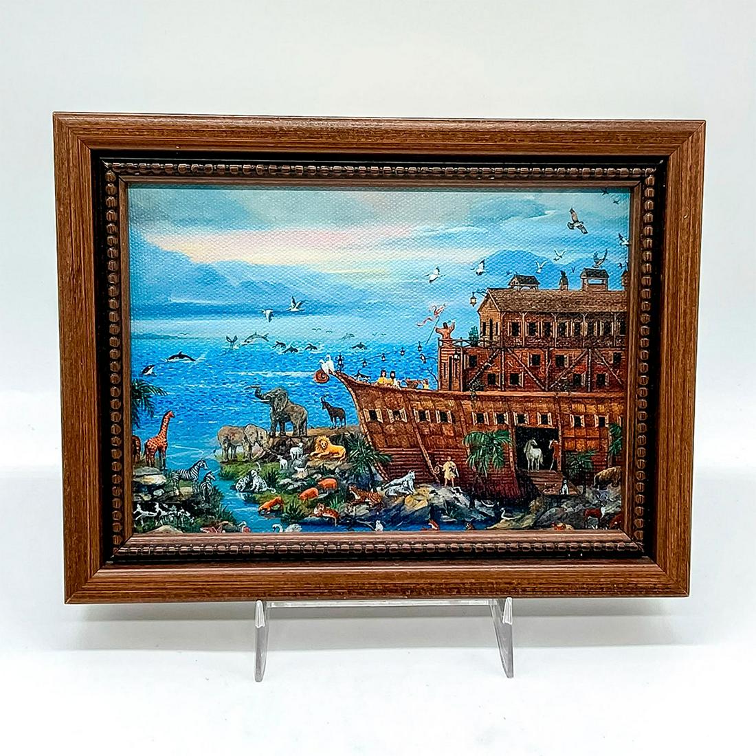 M.A. Vessey (American), Gicelee on Canvas, Precious Cargo: Housed in a wooden frame. Depicts the biblical moment of Noah's Ark finding land. Artist titled, signed, and numbered #18 in pen on the back of the frame. Frame size: 8in x 6.25in. Sight size: 6.5in x