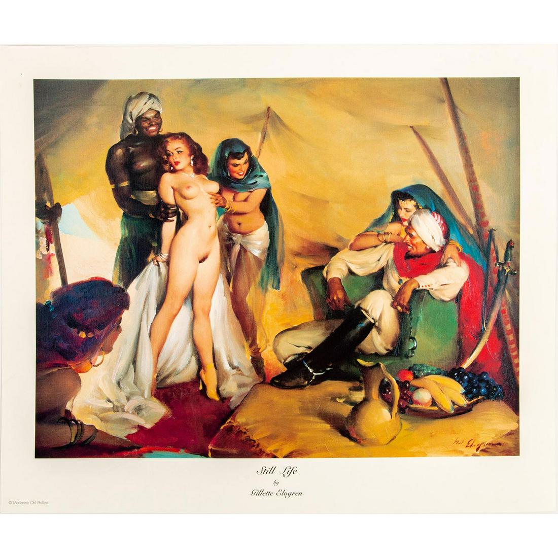 Gillette Elvgren Pinup Print, Still Life: Depicts a nude woman being held captive and looked over by a Sheik for his harem. Total dimensions: 15.75"W x 13.5"H Image dimensions: 13.75"W x 11"H #gilelvgren #pinup #pinupprint Artist: Gil Elvgren