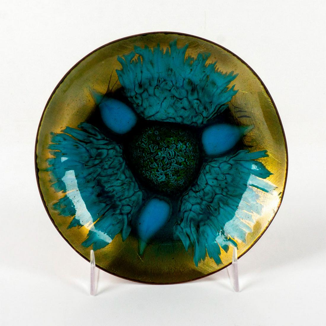 Edwards Star Mid-Century Modern Enamel on Copper Plate: Shades of green and blue on gold tone background. Originally created for Gump's of San Francisco. Signed on the bottom. Artist: Edwards Star Dimensions: 1"H x 6"Dia. Country of Origin: United States