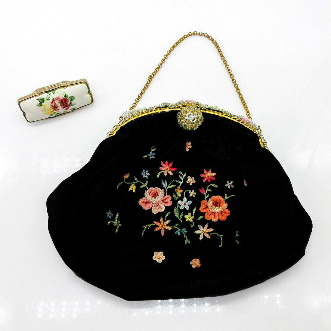 2pc Vintage French Black Satin Embroidered Handbag + Lipstick Holder (1 of 4)