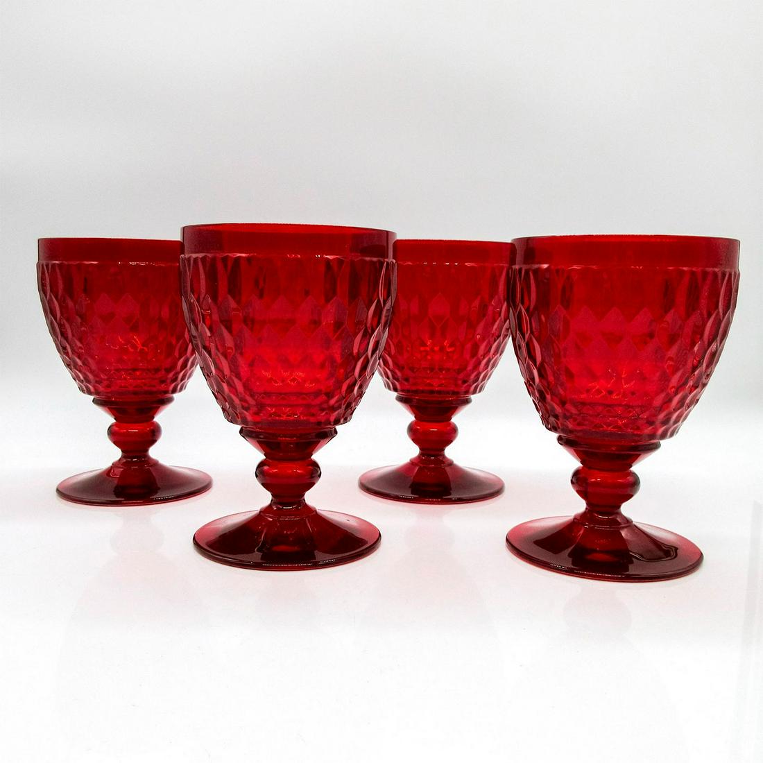 4pc Villeroy and; Boch Water Goblets, Boston Colored Red: Classic pieces with deliberately short stems and uniquely traditional diamond facets that reflect and refract light. Original product stickers on bases of all pieces.#villeroyboch #bostoncolored #red
