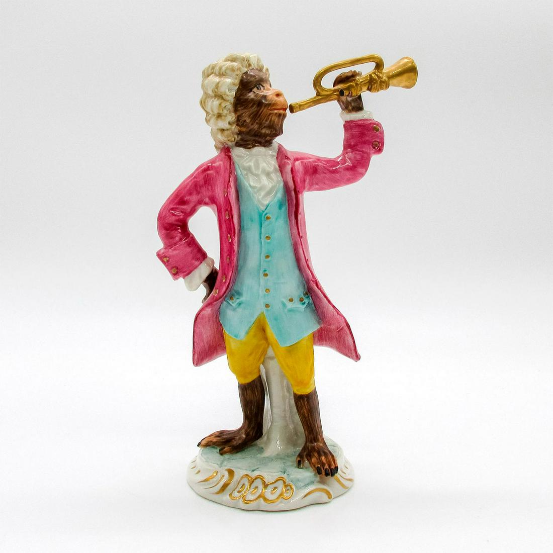 Chelsea House Port Royal Figurine, Monkey Trumpeter: Figurine modeled as monkey dressed in purple coat playing the trumpet. Gold gilt details. Part of the British National Trust Collection. After famous Monkey Band designed by Johann Joachim Kandler for