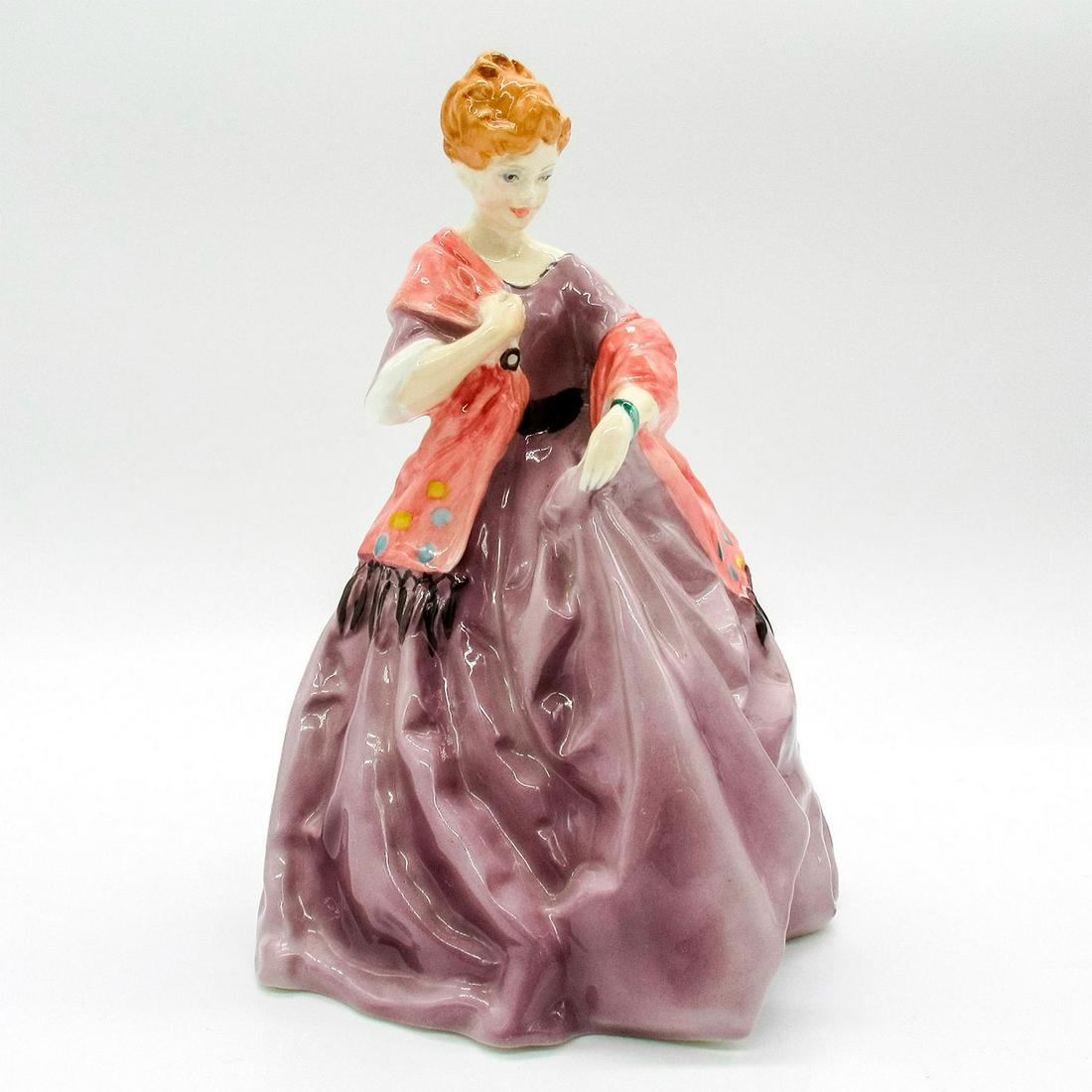 Royal Worcester Figurine, First Dance 3629: Figurine modeled as woman wearing purple gown with pink shawl. Royal Worcester backstamp. Issued: 1987 Dimensions: 4.25"H Manufacturer: Nao by Lladro Country of Origin: Spain