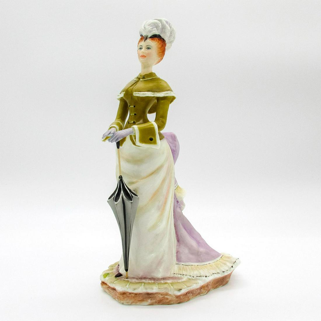 Royal Worcester Figurine, Melanie: Modeled as woman wearing green and white bustle dress with black feather hat and umbrella. Part of the Victorian Series. Royal Worcester backstamp. Artist: Richard Moore Issued: 2004 Dimensions: 8.5"H
