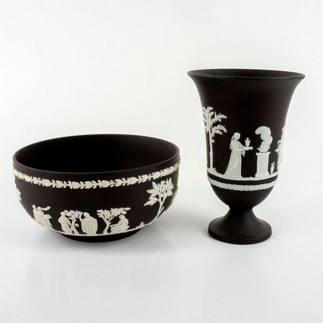 2pc Antique Wedgwood Black Basalt Vase + Bowl (1 of 3)