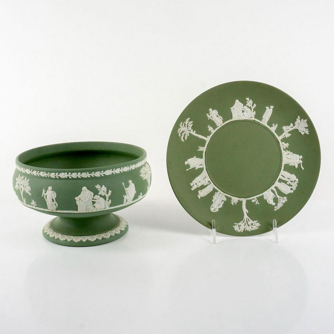 2pc Wedgwood Green Sage Jasperware Bowl + Plate (1 of 3)