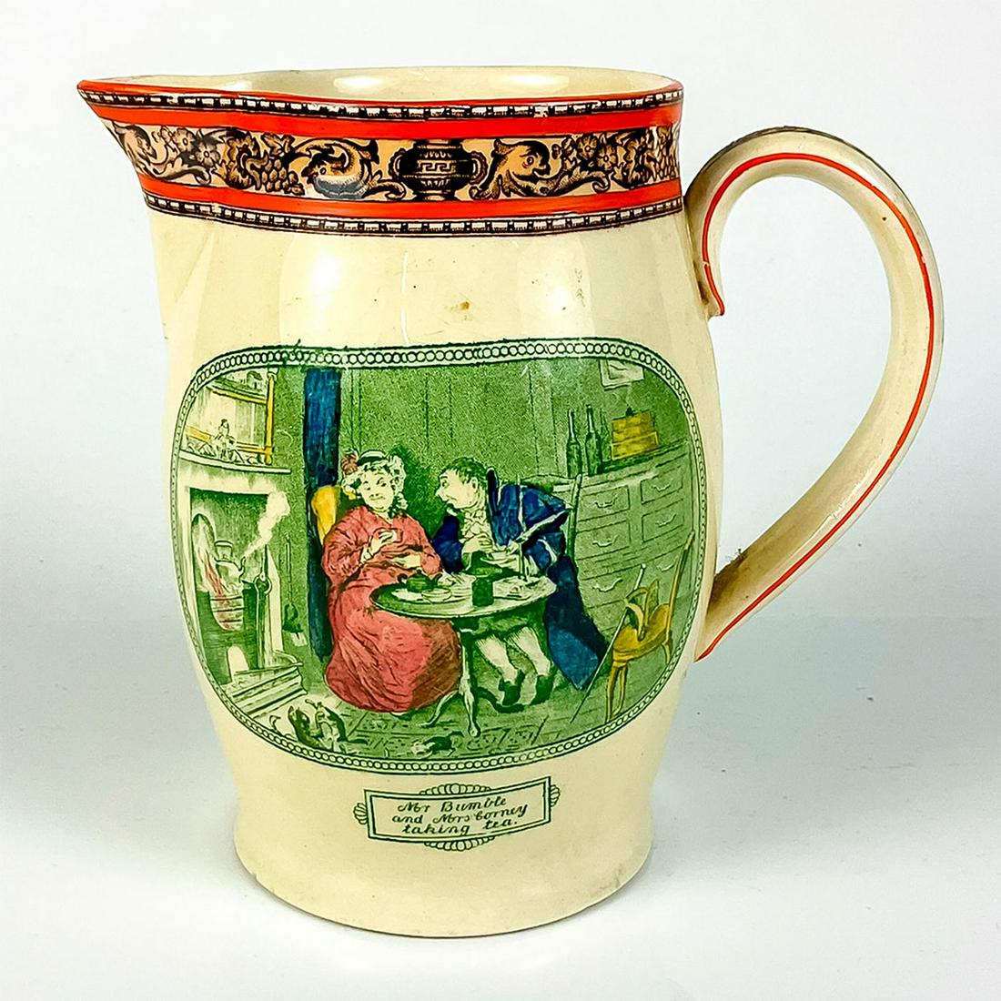 Adam Tunstall Dickens Stoneware Pitcher: Pitcher with two different Oliver Twist scenes. Adams Tunstall backstamp. Issued: Antique Dimensions: 6" W x 7" H x 4" Diameter Manufacturer: Adam Tunstall Country of Origin: Great Britain