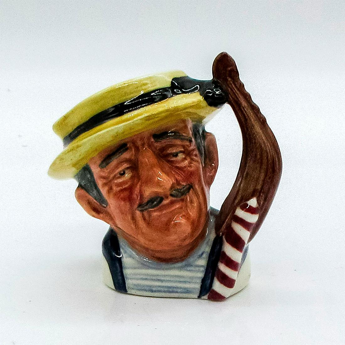 Gondolier D6595 - Mini - Royal Doulton Character Jug: Yellow hat; blue and white t-shirt; maroon and white pole. The shallow, long craft the gondolier pilots through Venetian canals must be painted all black, according to ancient law. When not ferrying o