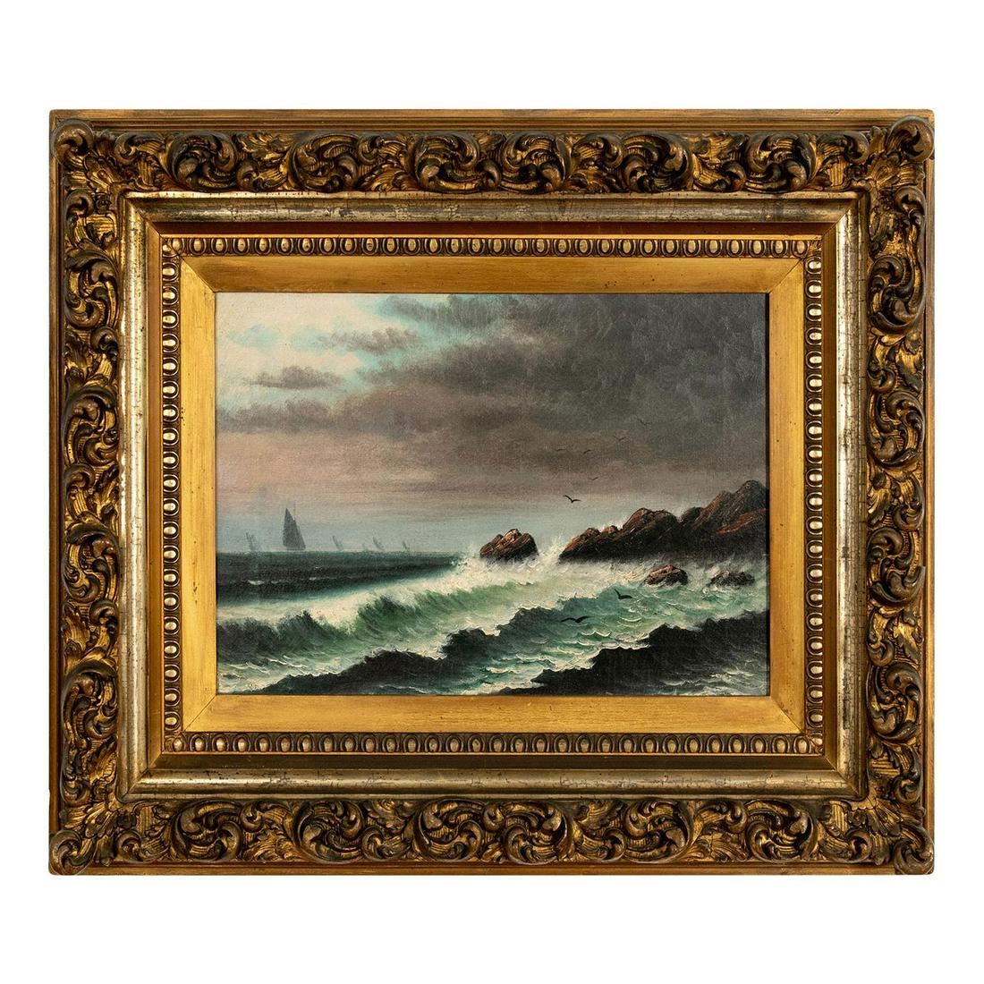 Original Oil Painting on Canvas Nautical Scene: Crashing surf impressionist scene on a cloudy day with sailboats in the distance. Some craquelure and pinhead sized areas where paint has lifted, but only detectable at very close proximity. Sight: 11