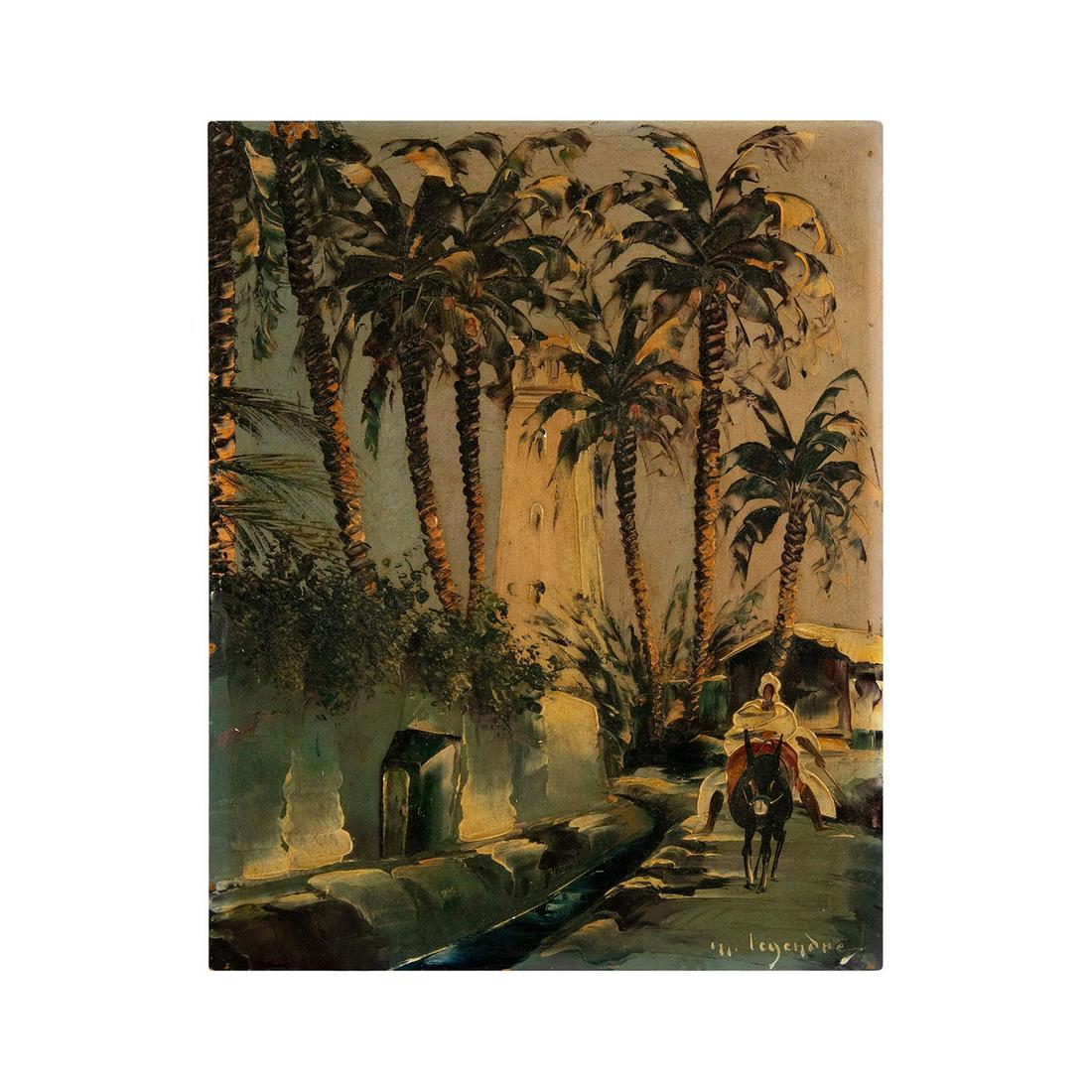 Maurice Louis Legendre (French, b.1928) Oil Painting: Cityscape painting on board, view of Biskra, the capital of Algeria. Depicting a man riding a donkey. Signed lower right and on verso. Measures 13" x 9.5". Unframed.