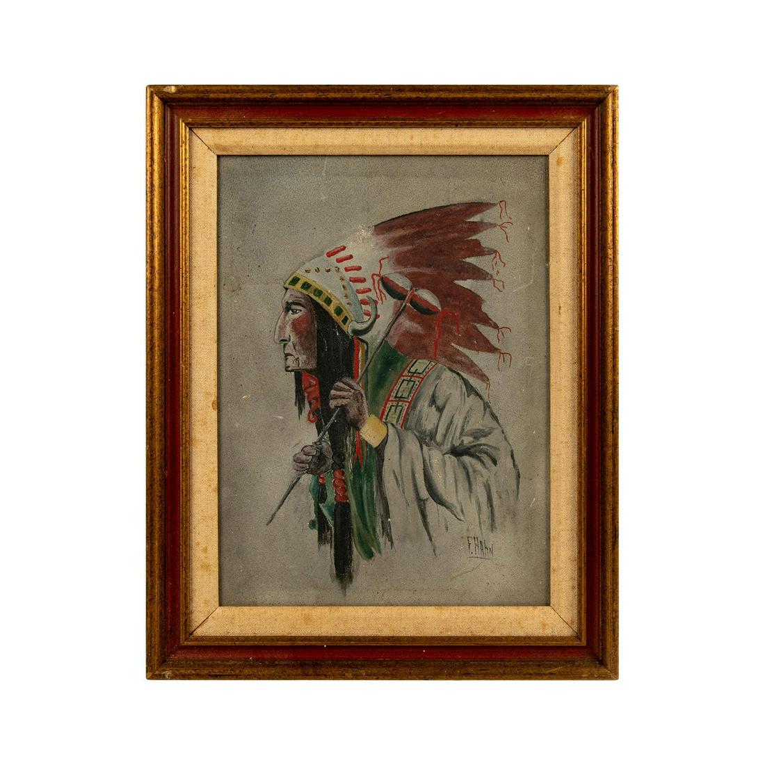 F. Hahn Signed Gouache Painting of Native American (1 of 4)