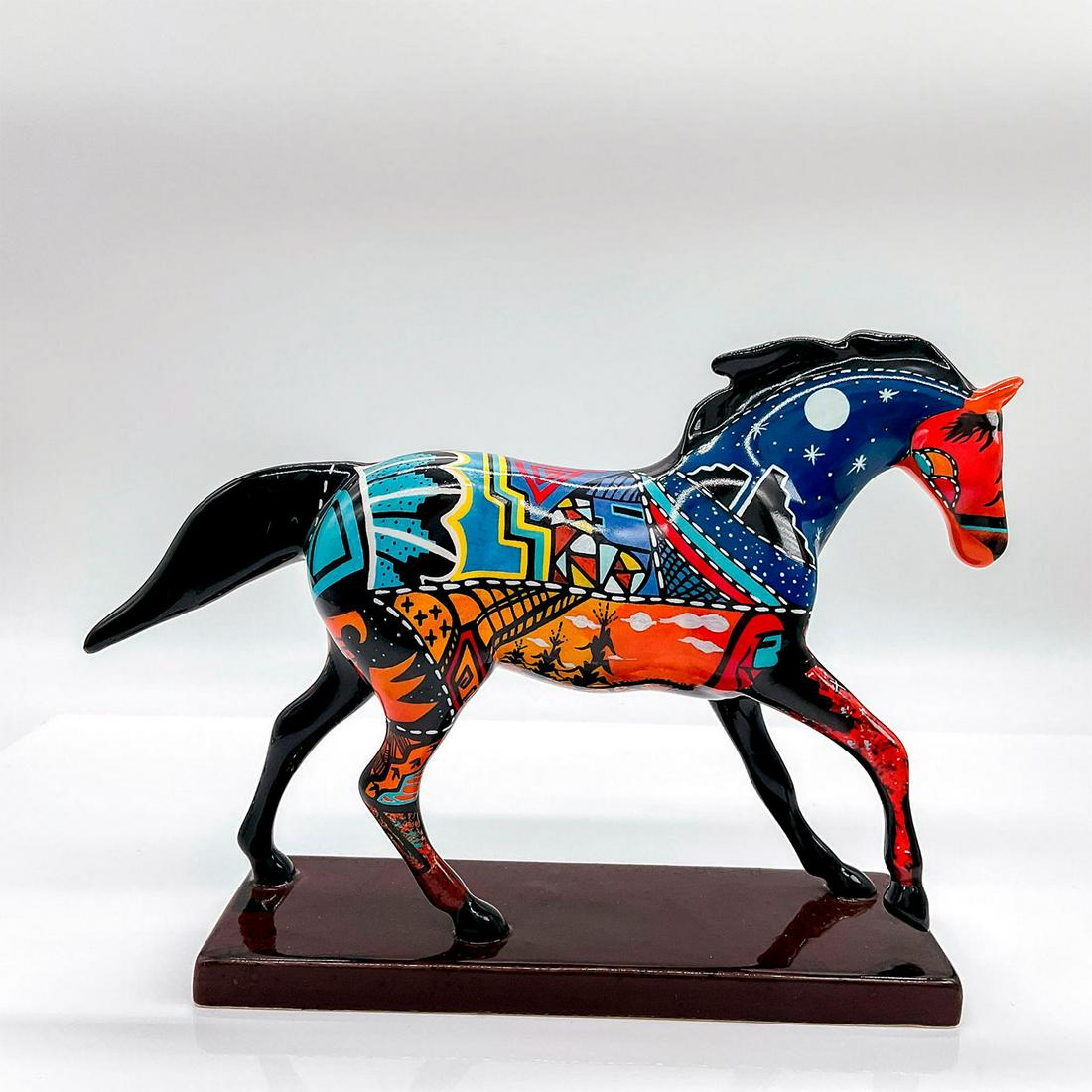 Trail of Painted Ponies Figurine, Grandfathers Journey: Second edition number 9088, handcrafted ceramic pony with intricate design and beautiful coloration on base. Artist: Buddy Tubinaghtewa Issued: 2004 - 2008 Dimensions: 7"L x 2.5"W x 6.5"H