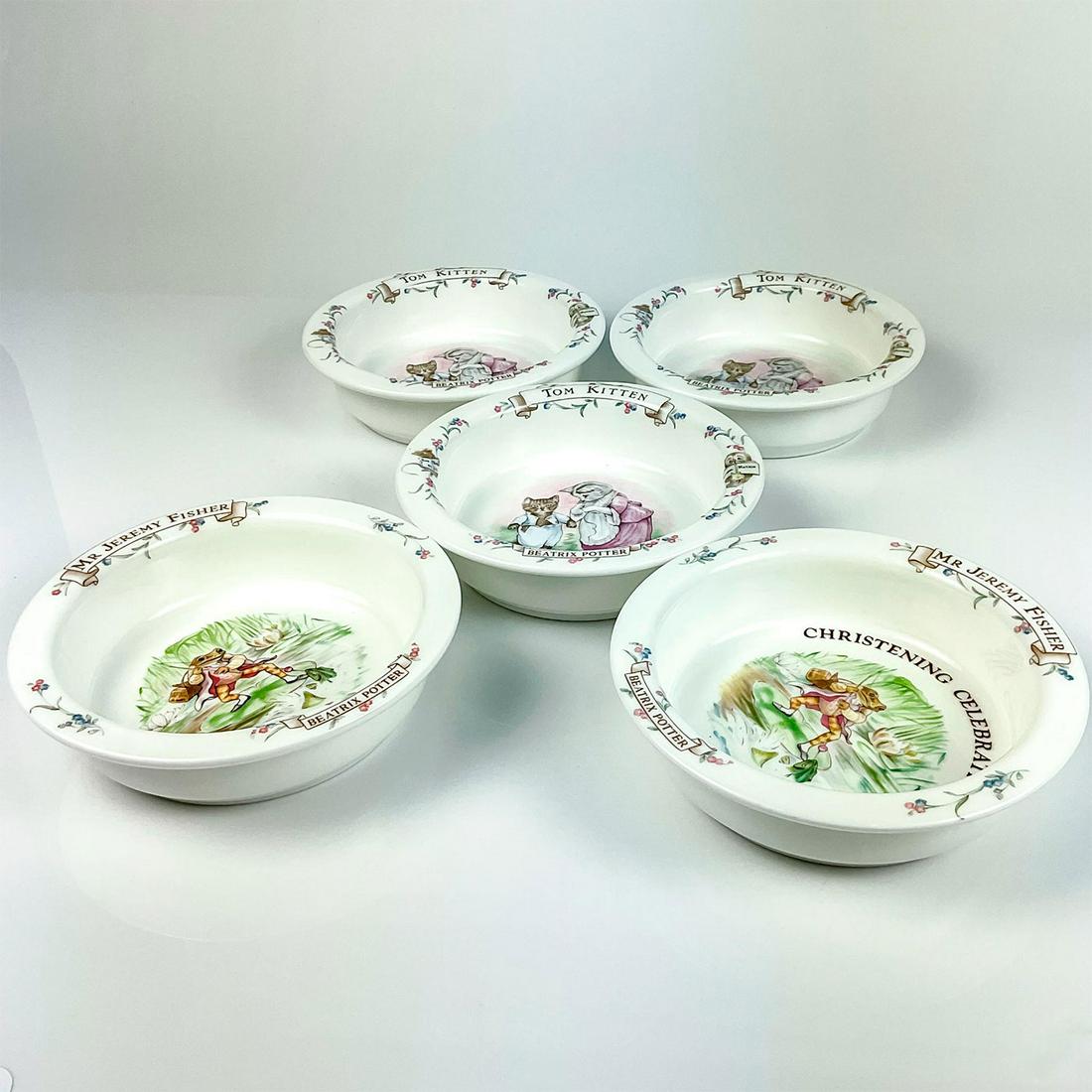 5pc Vintage Royal Albert Beatrix Potter Children's Bowls: Part of the World of Beatrix Potter Collection. Decorated with storybook titles and images from "The Tale of Tom Kitten" and "The Tale of Mr. Jeremy Fisher." One bowl marked "Christening Celebration."