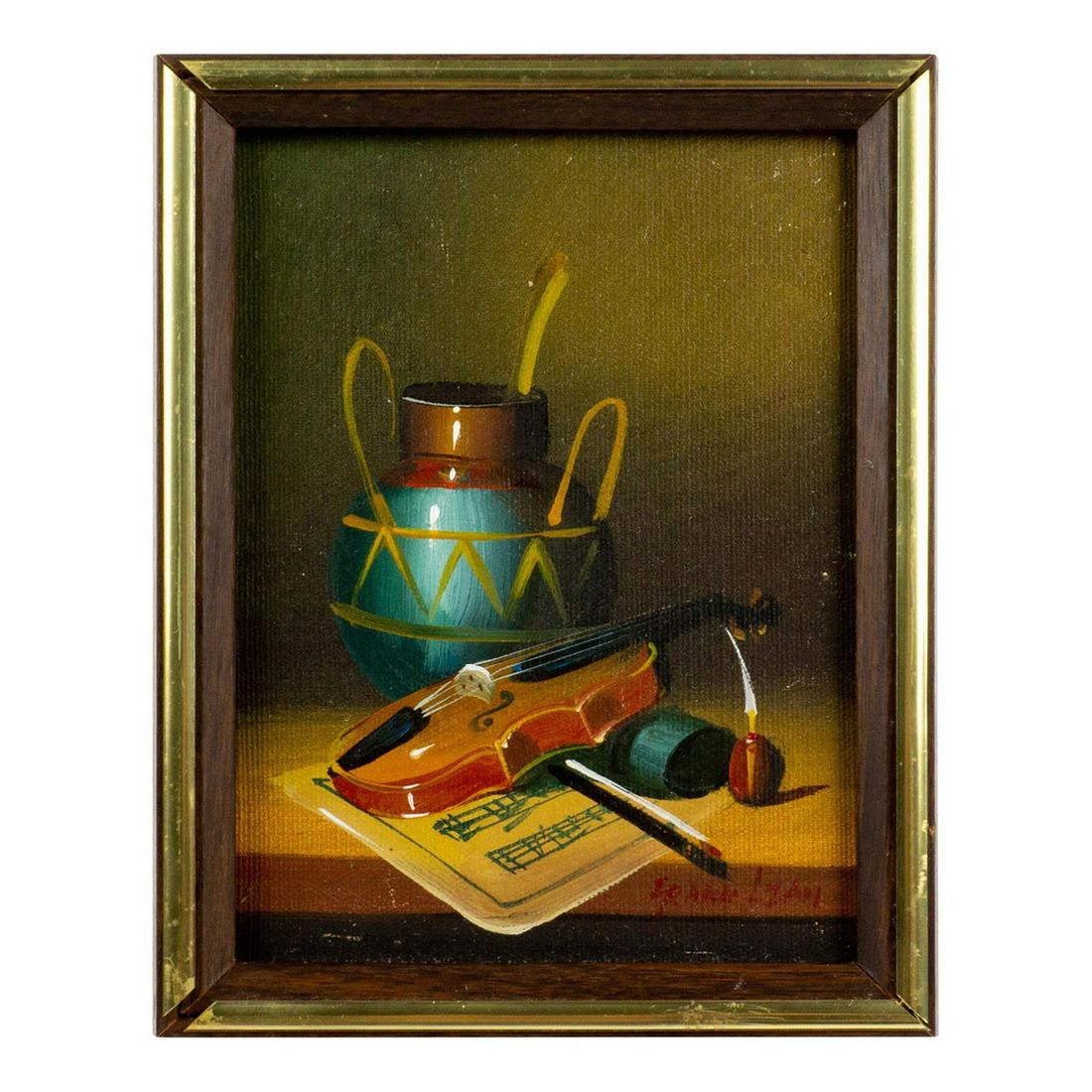 Frank Lean (American, 20th c.) Oil Painting on Board: Still life with violin. Artist signed lower right. Measures 8" x 6" including frame.