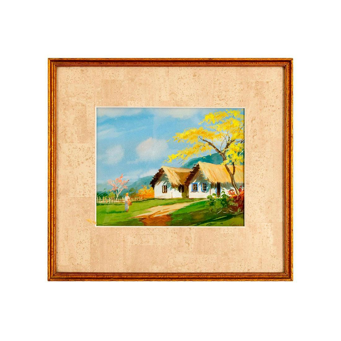 Henry Koehler (American, 1927-2018) Signed Watercolor: Painting of sunny landscape scene with palm thatched roof houses and distant mountains. Artist signed bottom right. Site: 5.75" tall by 7.5" wide. Framed: 10.75" tall by 12.25" wide. Wood framed, behi
