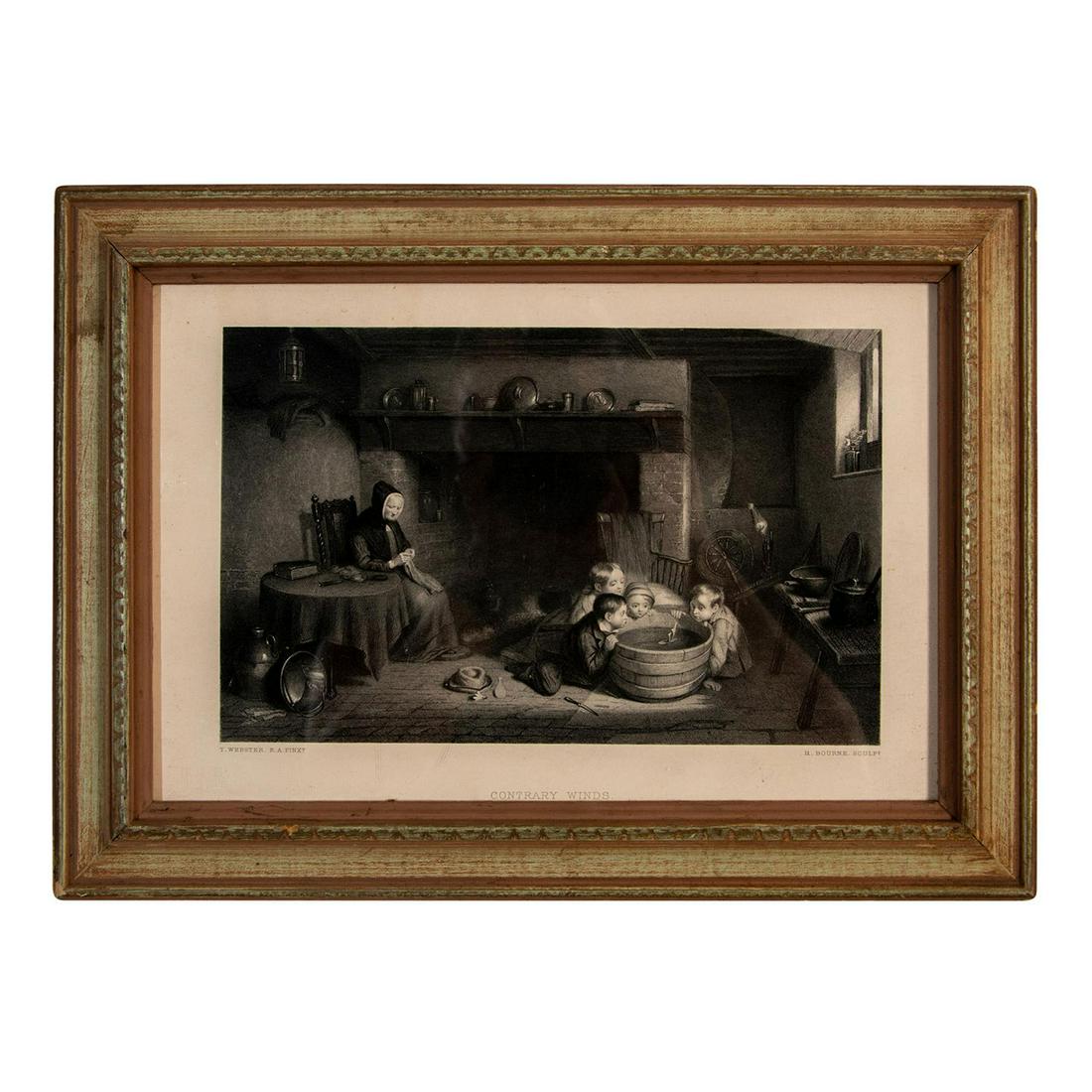 Antique Engraving By Webster & Pinx Contrary Winds: An old lady sewing at her table while four kids are playing with a water bucket. Measures 14.5" x 11" including frame, 10" x 6" image only.#Art #Prints #Antiques #Collectibles Artist: T. Webster, R.A.